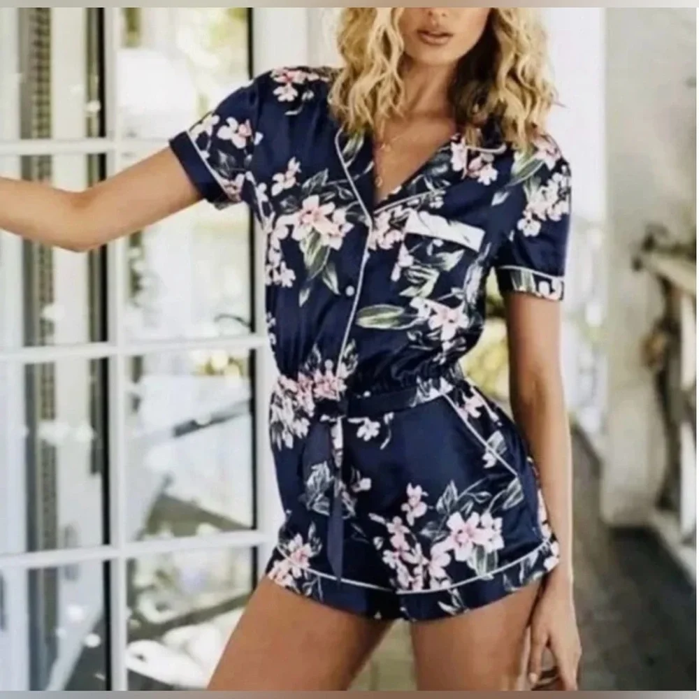 Victoria's Secret Floral Satin Shorts Pajama Romper Blue Size XS